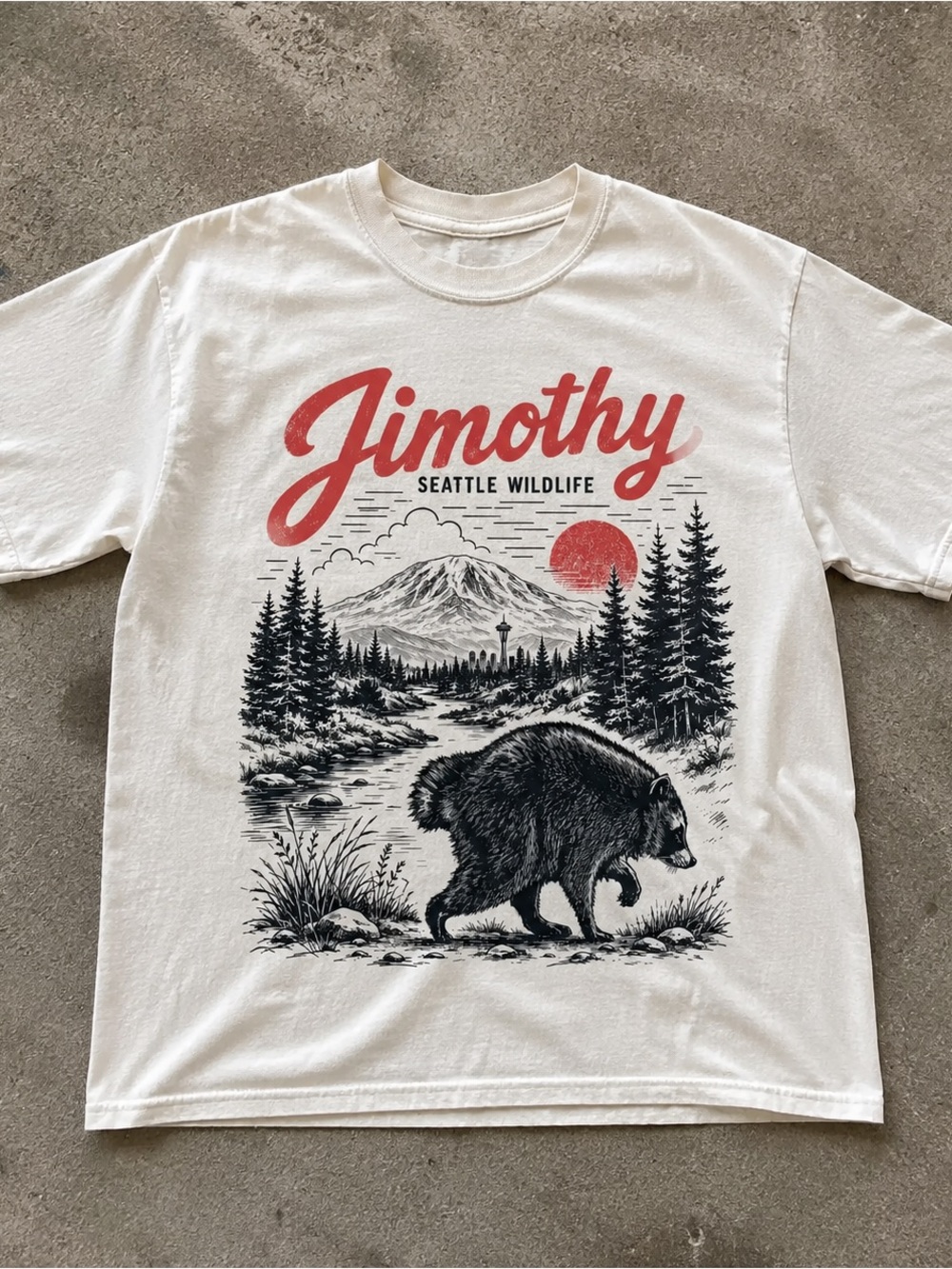 Gildan White Tee with Red Jimothy Seattle Wildlife Graphic